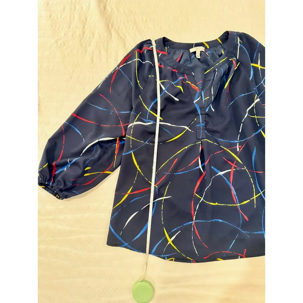 Joie Georgette Blouse Navy Blue Women’s Small Abstract Art Wear Artsy Statement - Picture 6 of 15